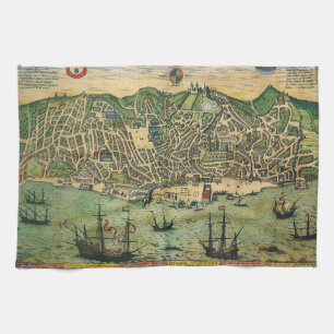 Antique Map of Lisbon, Portugal by Braun/Hogenberg Kitchen Towel