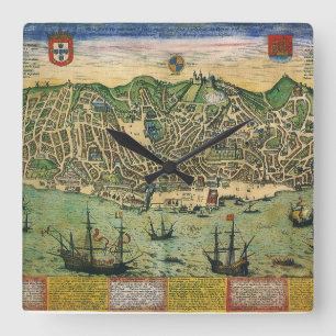Antique Map of Lisbon, Portugal by Braun/Hogenberg Square Wall Clock