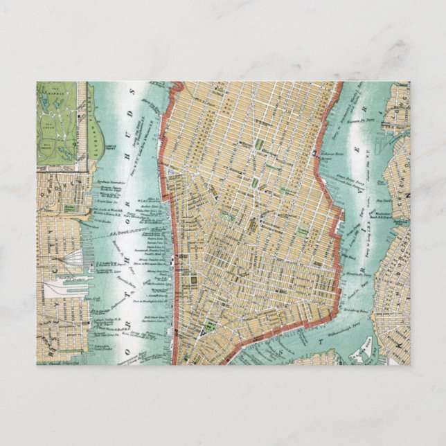 Antique Map of Lower Manhattan and Central Park Postcard (Front)