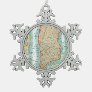 Antique Map of Lower Manhattan and Central Park Snowflake Pewter Christmas Ornament