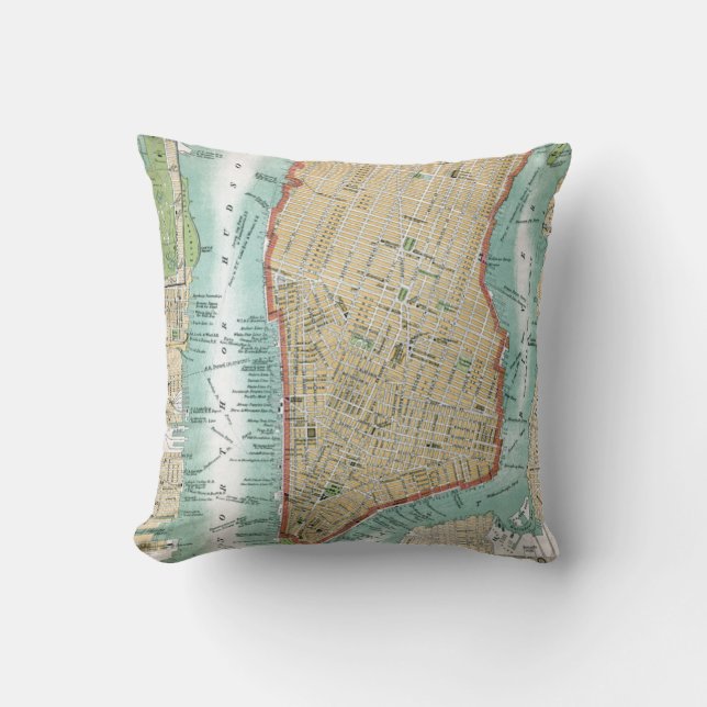 Antique Map of Lower Manhattan and Central Park Throw Pillow (Front)