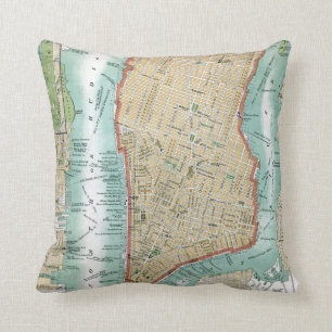 Antique Map of Lower Manhattan and Central Park Throw Pillow