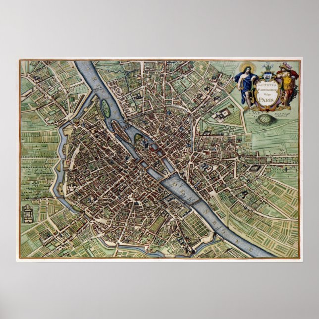 Antique Map of Paris France Poster (Front)