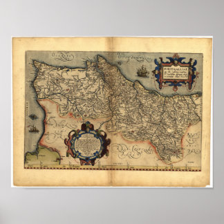 Antique Map of Portugal ORTELIUS ATLAS 1570 A.D. Poster