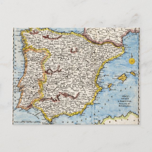 Antique Map of Spain & Portugal circa 1700's Postcard (Front)