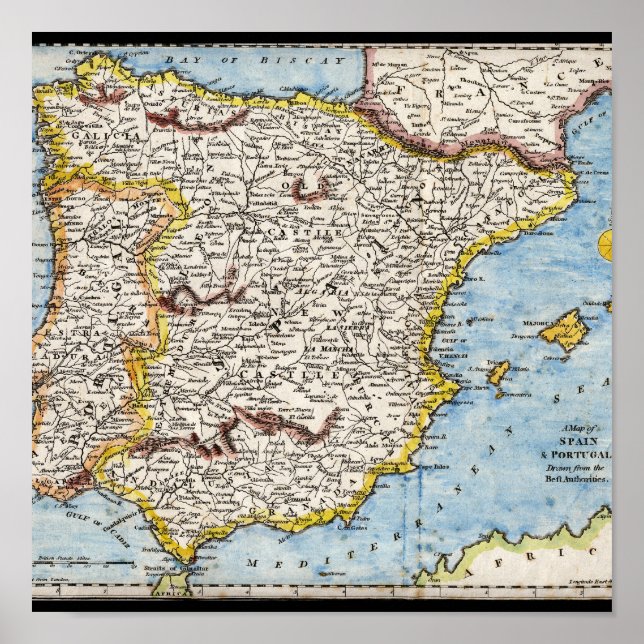 Antique Map of Spain & Portugal circa 1700's Poster (Front)