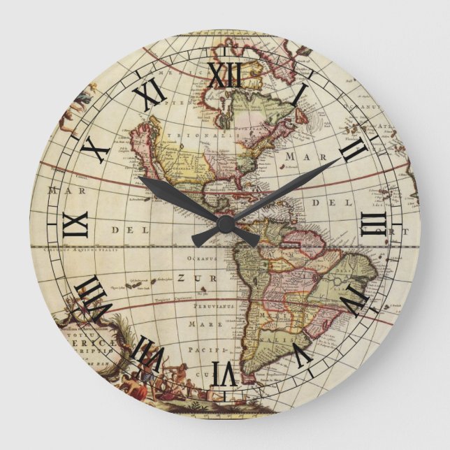 Antique Map of the Americas by Johannes De Ram Large Clock (Front)