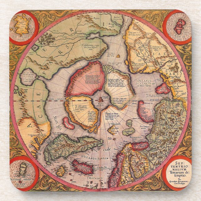 Antique Map of the North Pole Map by Mercator Coaster (Front)