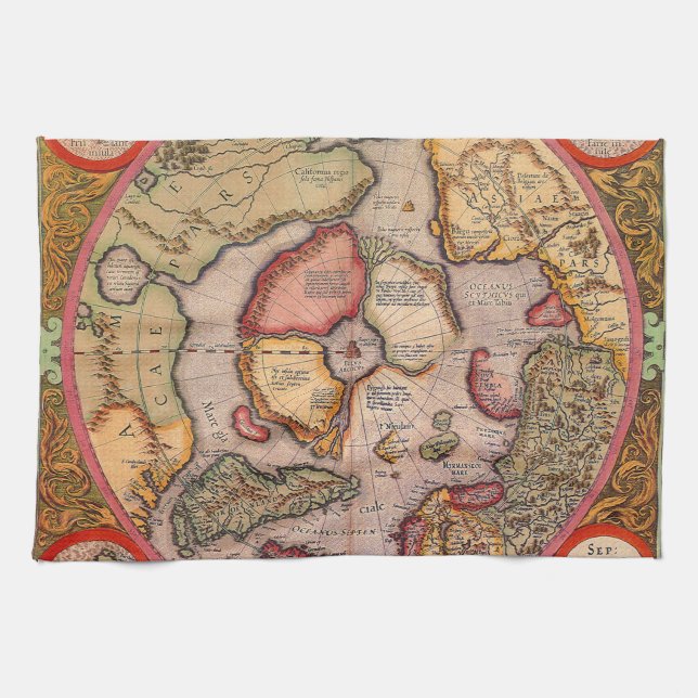 Antique Map of the North Pole Map by Mercator Kitchen Towel (Horizontal)