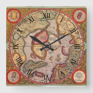 Antique Map of the North Pole Map by Mercator Square Wall Clock