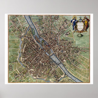 Antique MAP PARIS vintage old Poster