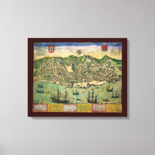 Antique Map, Town Plan of Lisbon, Portugal, 1598 Canvas Print