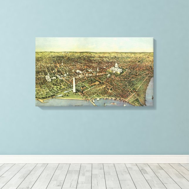 Antique Map with a Panoramic View of Washington DC Canvas Print (Insitu(Wood Floor))