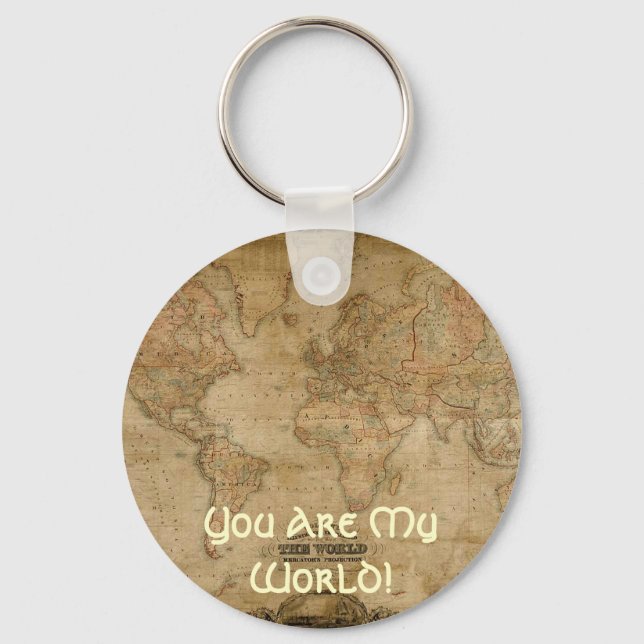 Antique Map You Are My World Romantic Keychain (Front)