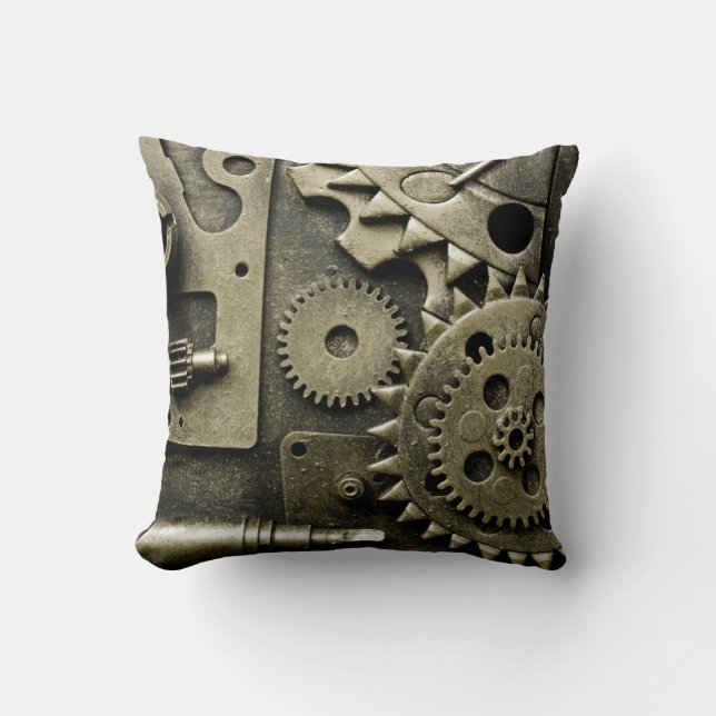 Antique Mechanical Gears Manly Throw Pillow (Front)