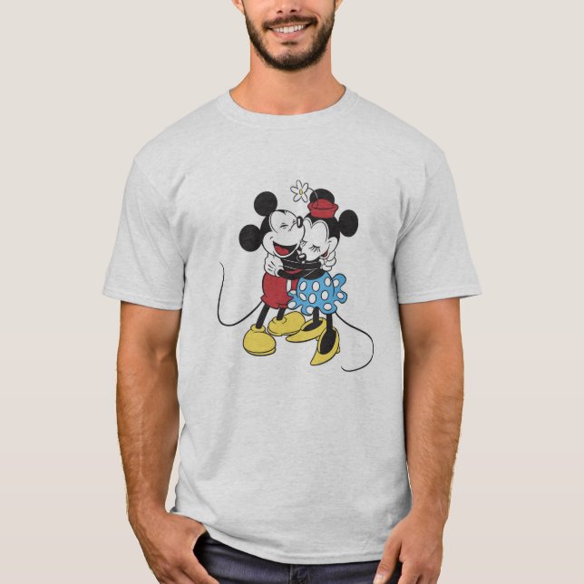 Antique Mickey and Minnie Mouse hugging laughing T-Shirt (Front)
