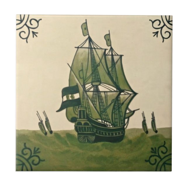 Antique Minton Hollins Delft Boat Tile #3 Repro (Front)