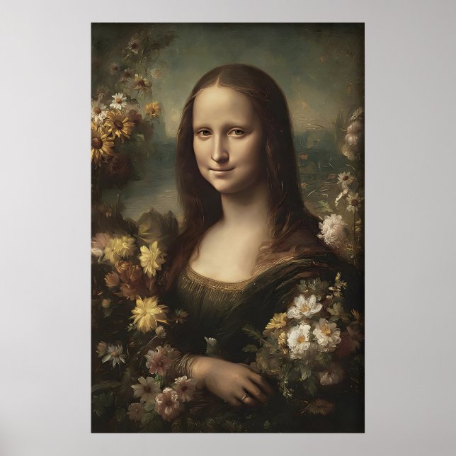 Antique Mona Lisa Portrait Print, Flower Decor (Front)