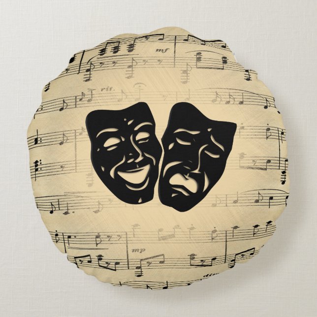 Antique Music and Theatre Masks Round Pillow (Back)