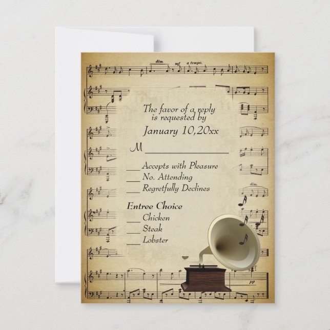 Antique Music Theme with Entree Choices RSVP Card (Front)