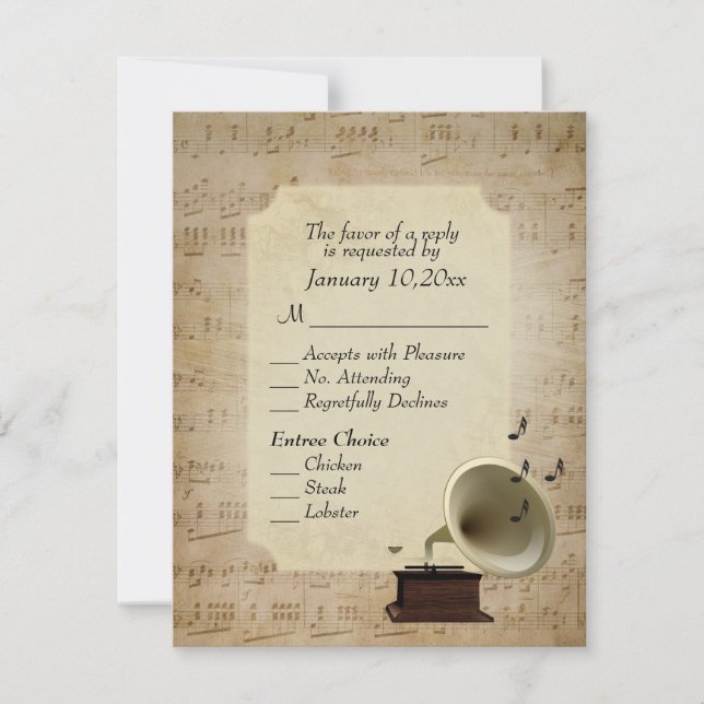 Antique Music Theme with Entree Choices RSVP Card (Front)