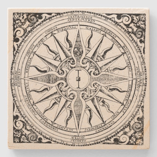 Antique Nautical Compass And Winds Print Stone Coaster (Front)