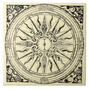 Antique Nautical Compass And Winds Print Tile