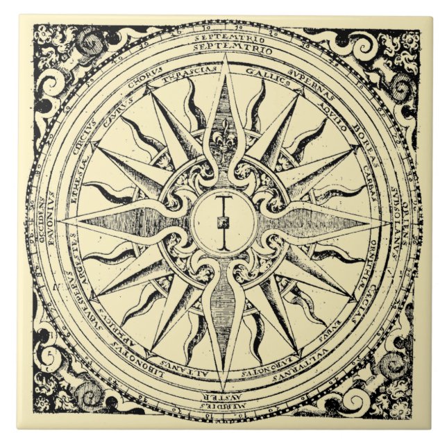 Antique Nautical Compass And Winds Print Tile (Front)