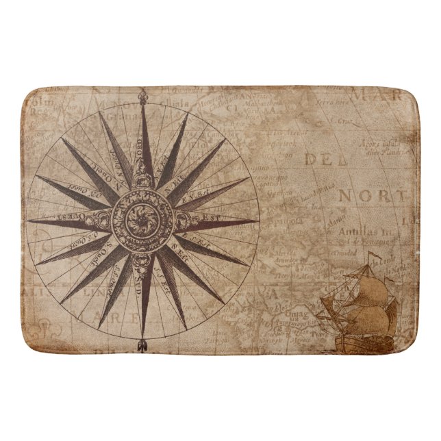 Antique nautical compass map bath mat (Front)