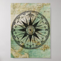 Antique Nautical Compass & Map Poster
