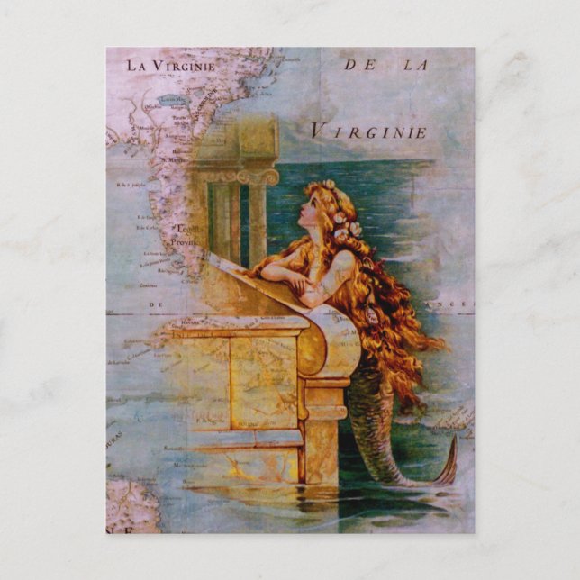 Antique Nautical Map & Mermaid Postcard (Front)