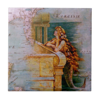 Antique Nautical Map & Mermaid Tile
