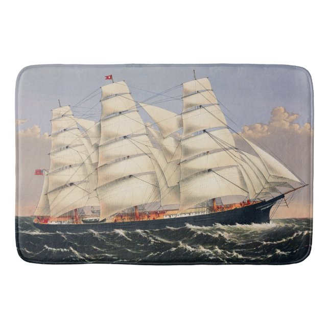 Antique Nautical Sailing Ship Currier & Ives Bath Mat (Front)