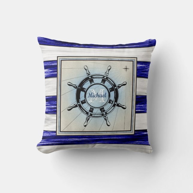 Antique nautical ships wheel monogram design, throw pillow (Front)