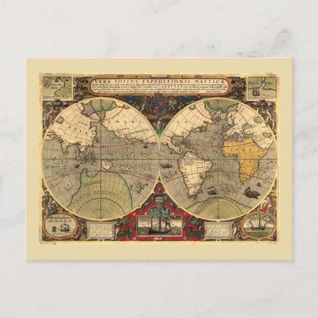 Antique Nautical World Map Postcard (Front)