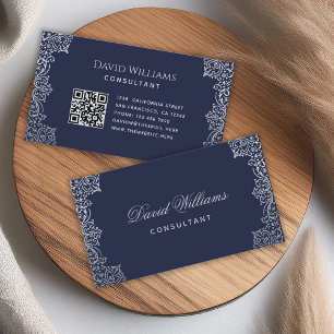 Antique Navy Blue QR Code Vintage Elegant Script  Business Card
