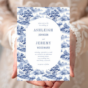 Antique Navy Blue White Toile Wedding Invitation
