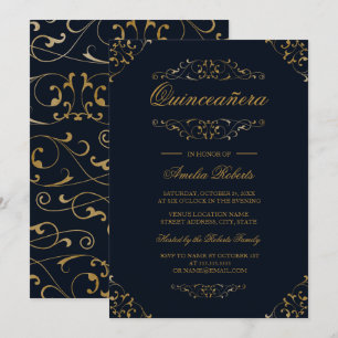 Antique Navy Gold Flourish Quinceanera Invitation