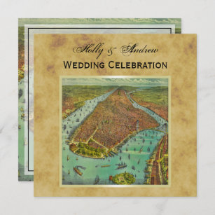Antique New York City Map Distressed BG SQ Wedding Invitation