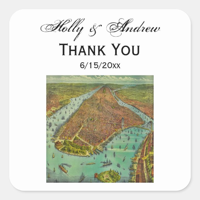 Antique New York City Map, DIY Colour BG Square Sticker (Front)