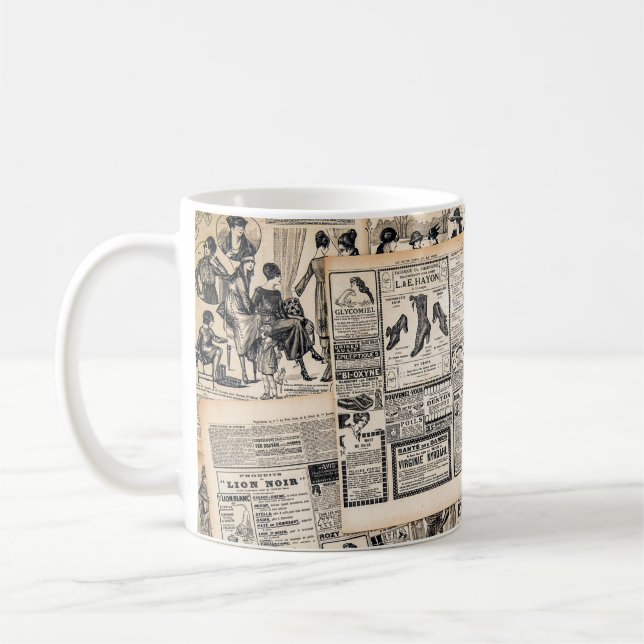 Antique Newspaper Advertisement Sheets Decoupage Coffee Mug (Left)