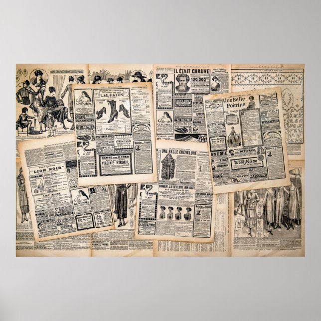 Antique Newspaper Advertisement Sheets Decoupage Poster (Front)