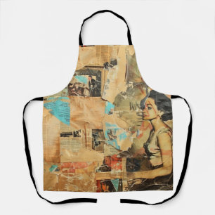 Antique Newspaper Women Sepia Blue Retro Apron