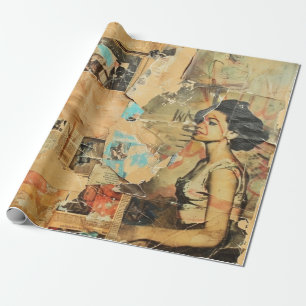 Antique Newspaper Women Sepia Blue Retro Wrapping Paper