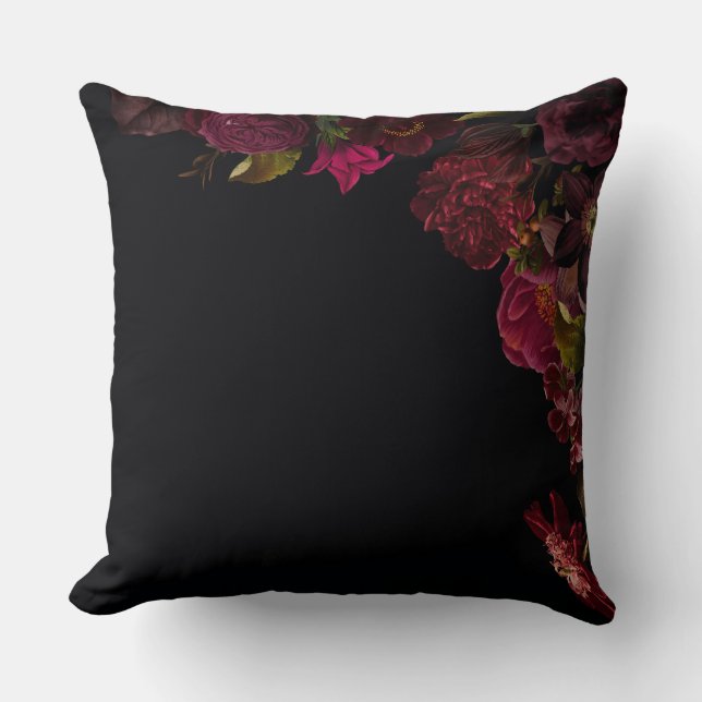 Antique Nostalgic Dark Roses And Flowers On Black Throw Pillow (Front)