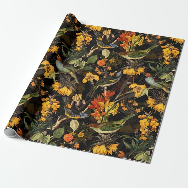 Antique Nostalgic Redouté Flowers and Birds black Wrapping Paper (Unrolled)