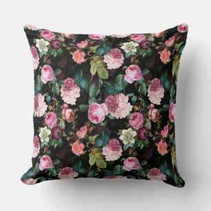 Antique Nostalgic Redouté Roses Pattern black Throw Pillow