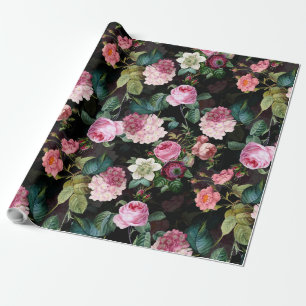 Antique Nostalgic Redouté Roses Pattern black Wrapping Paper