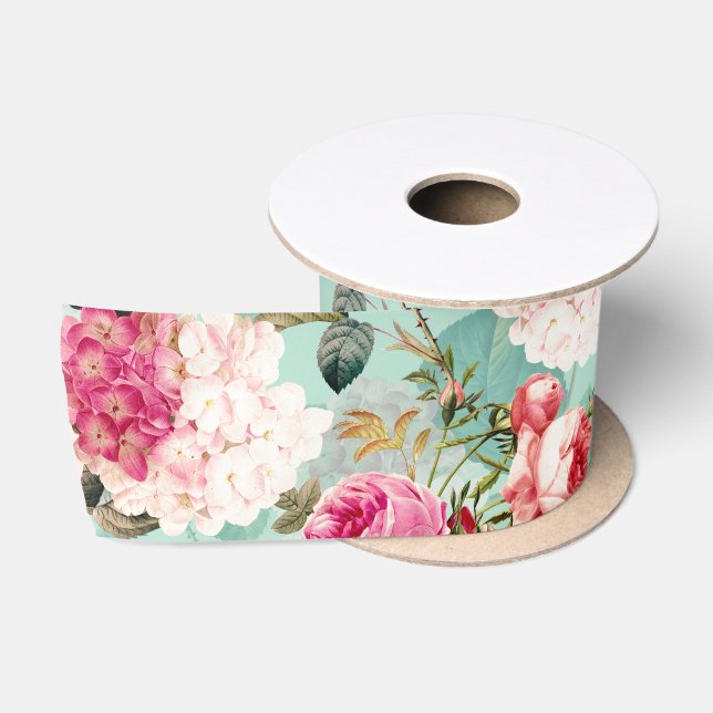 Antique Nostalgic Redouté Roses Pattern mint Satin Ribbon (Spool)