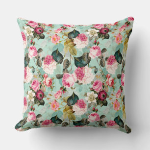 Antique Nostalgic Redouté Roses Pattern mint Throw Pillow